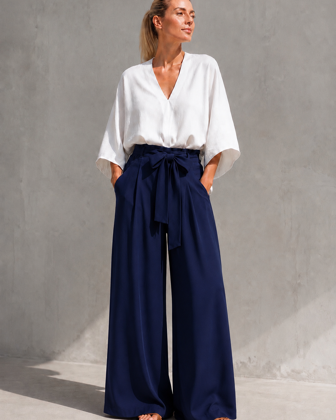 Calça azul-marinho pantalona com cós alto e laço frontal