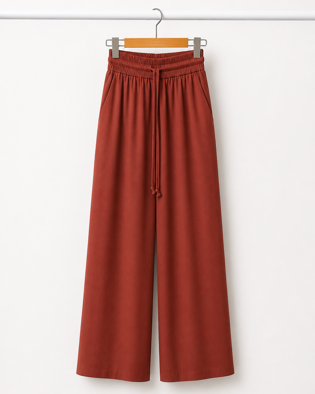 Calça pantalona terracota com cós elástico e cordão, modelagem ampla