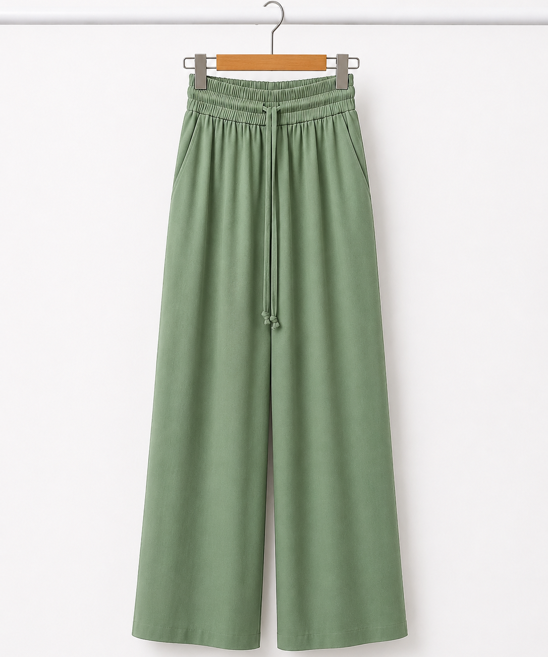 Calça pantalona verde com cós elástico e cordão, caimento solto