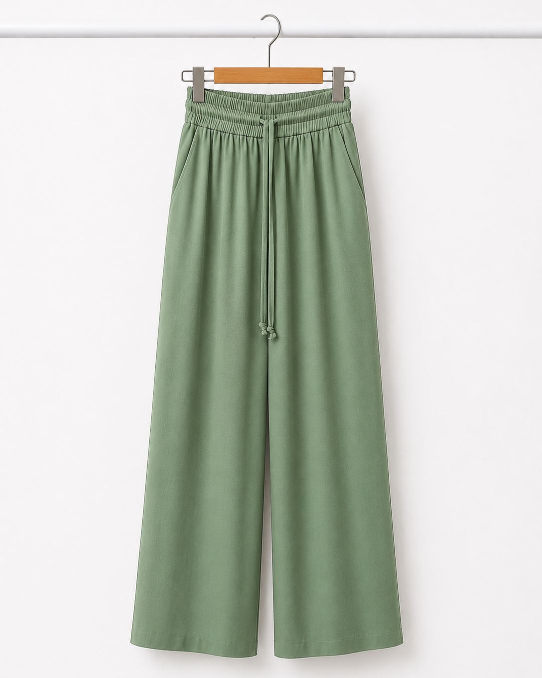 Calça pantalona verde com cós elástico e cordão, caimento solto