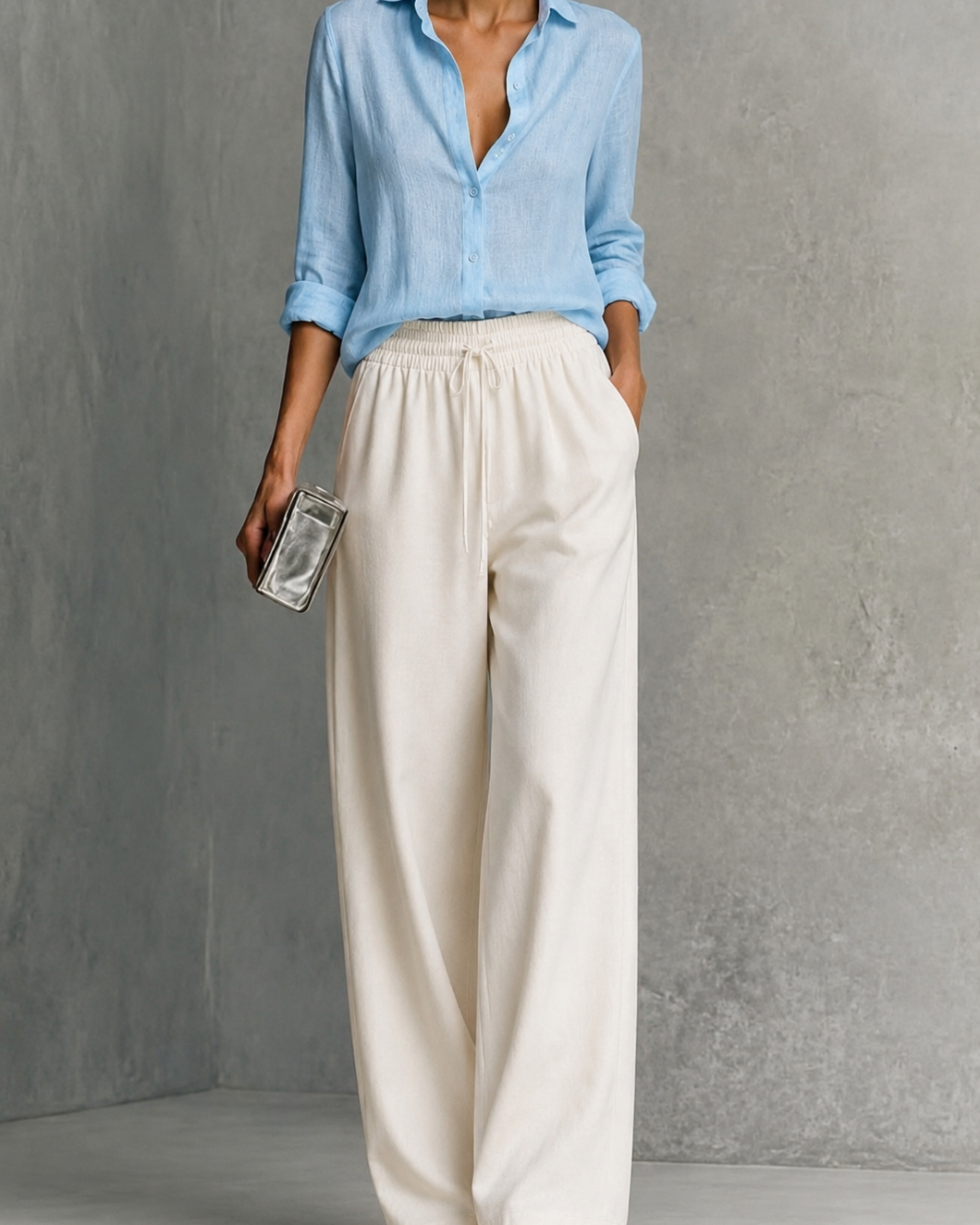 Calça pantalona off-white de cintura elástica com cordão, comprimento longo