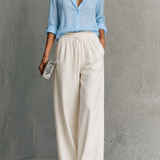 Calça pantalona off-white de cintura elástica com cordão, comprimento longo