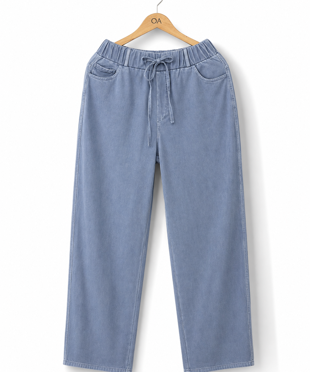 Calça jeans azul-claro com cadarço no cós elástico e bolsos, barra larga