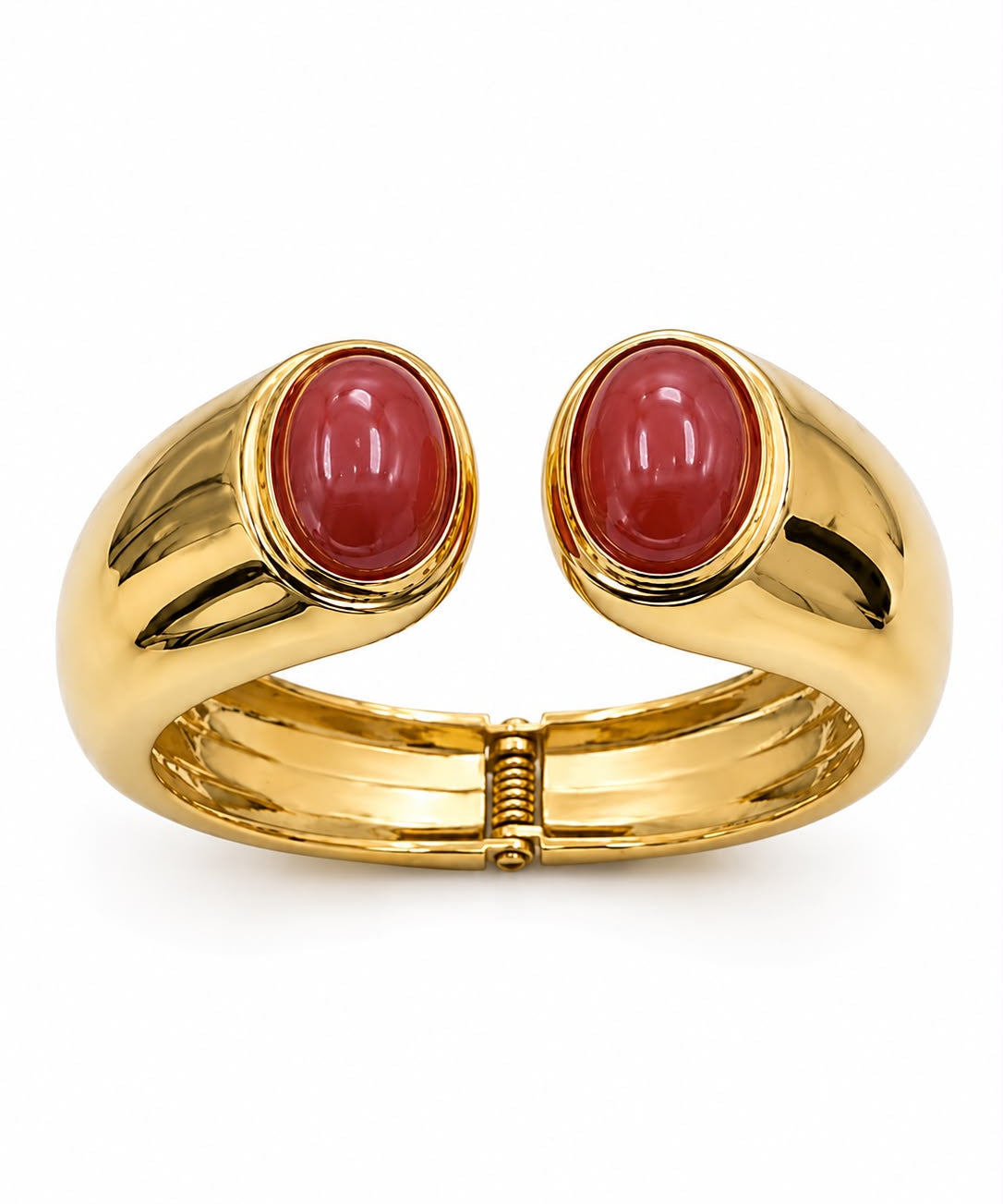 Bracelete com pedras ovais vermelhas em metal dourado