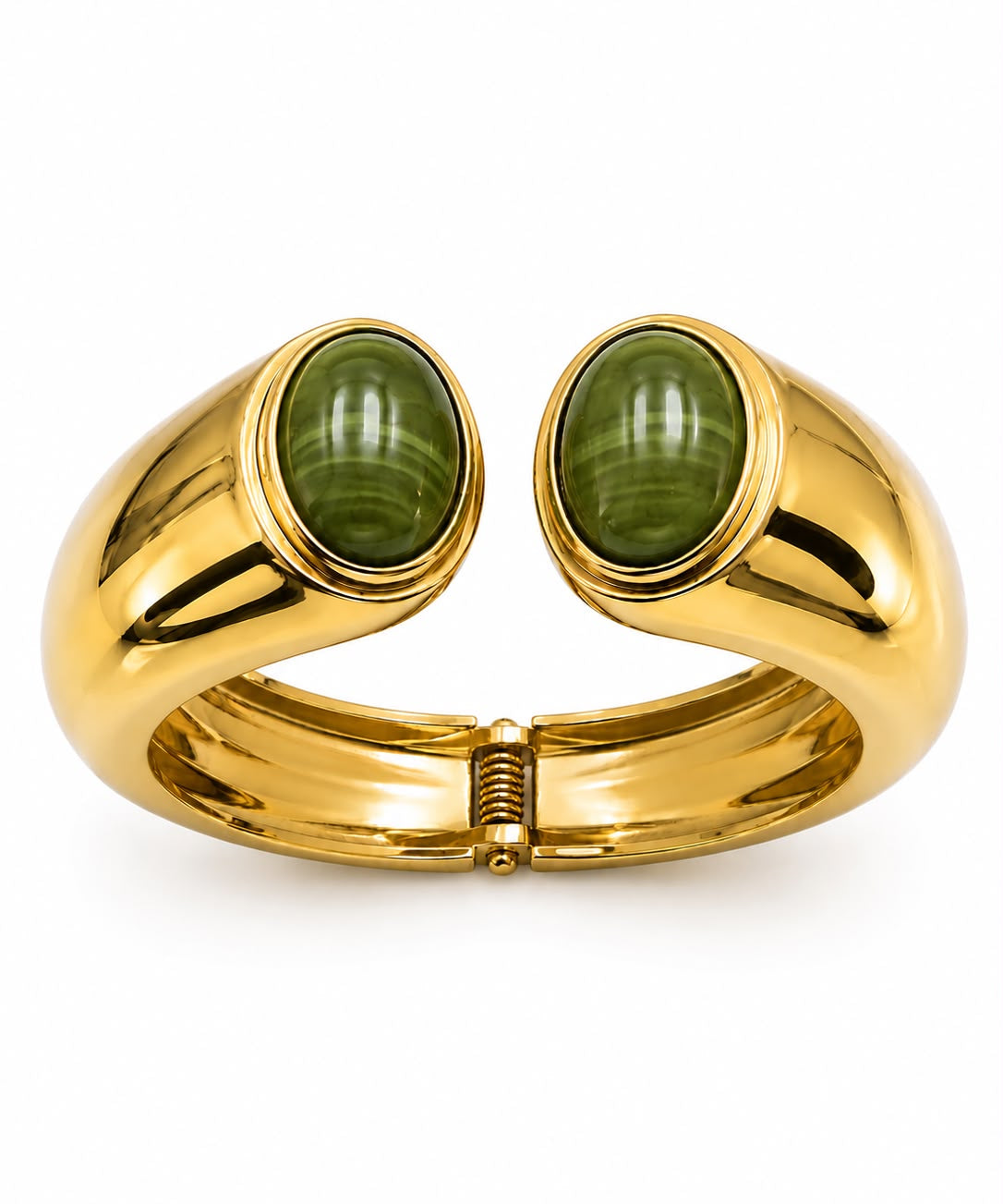 Bracelete com pedras ovais verdes em metal dourado