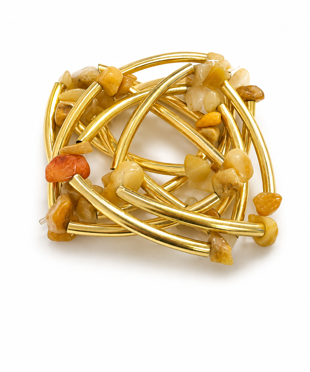 Pulseira de metal dourado com pedras amarelas e alaranjadas translúcidas