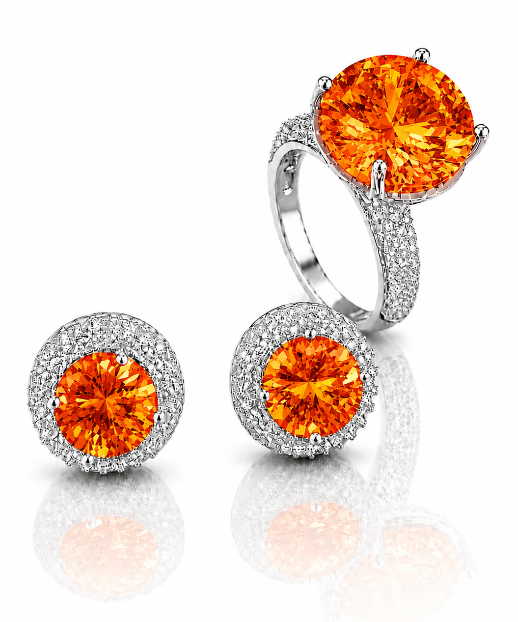 Conjunto de anel e brinco com pedra laranja em metal prateado, aro e base cravejados.