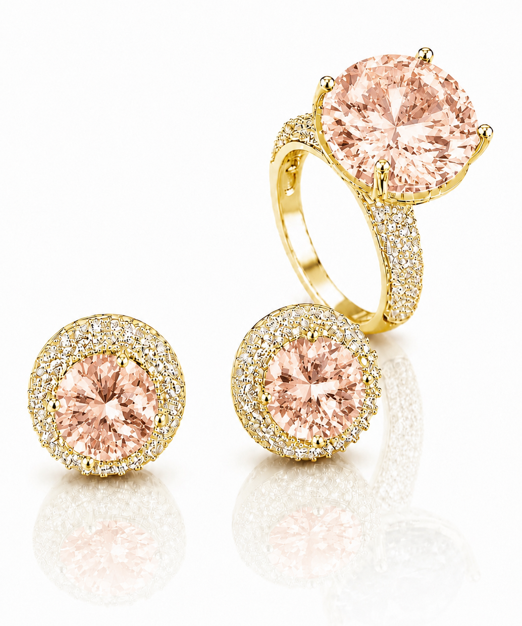 Conjunto de anel e brinco com pedra rosa em metal dourado, aro e base cravejados.