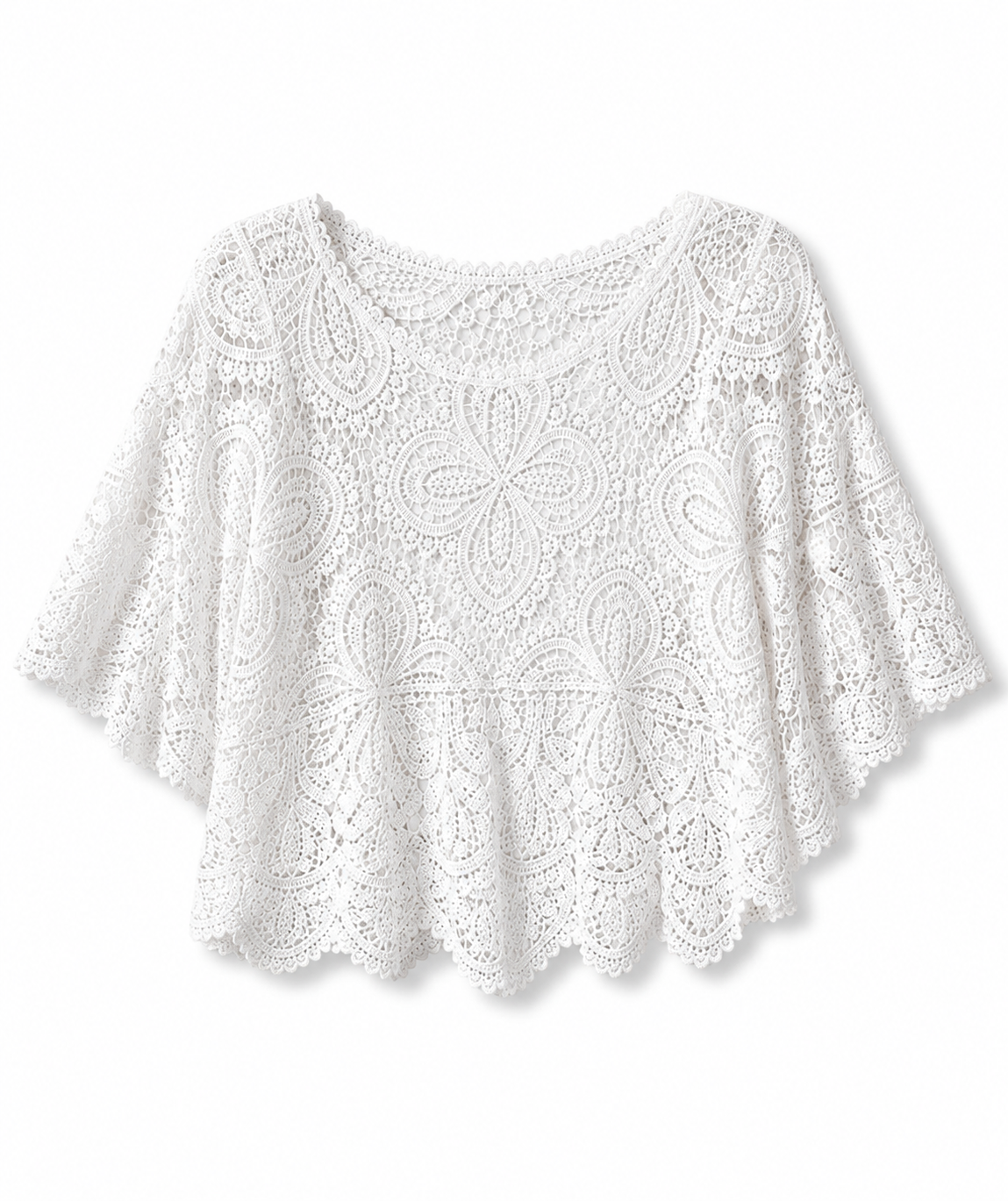 Blusa de renda branca com manga curta e bordado floral, gola redonda