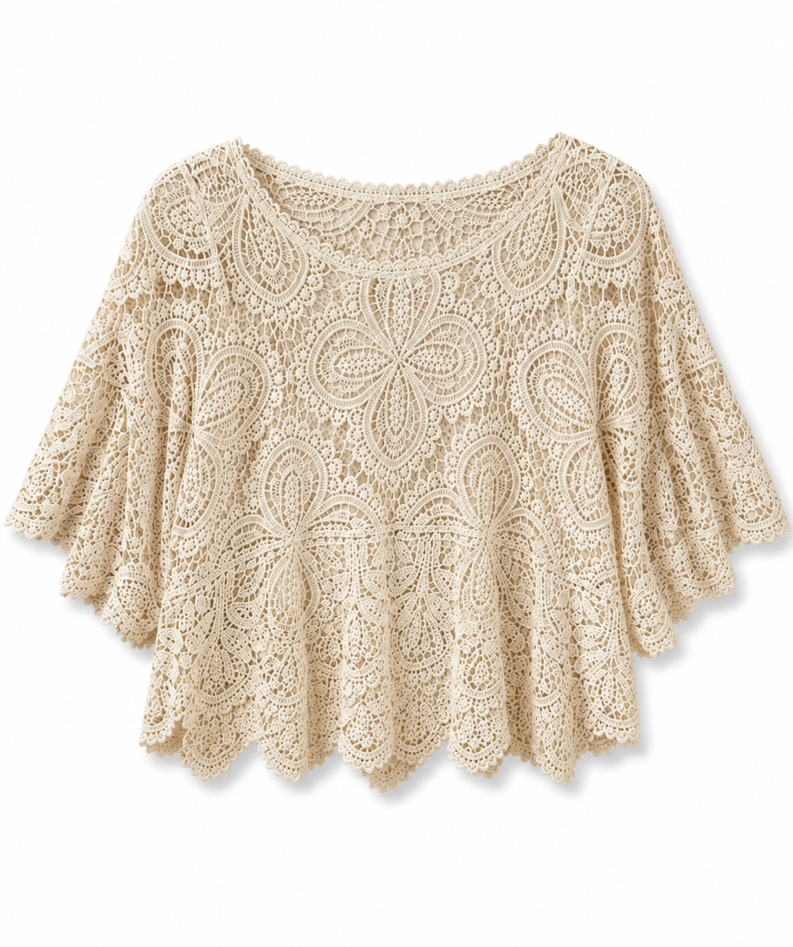 Blusa de renda bege (areia) com manga curta e bordado floral, gola redonda