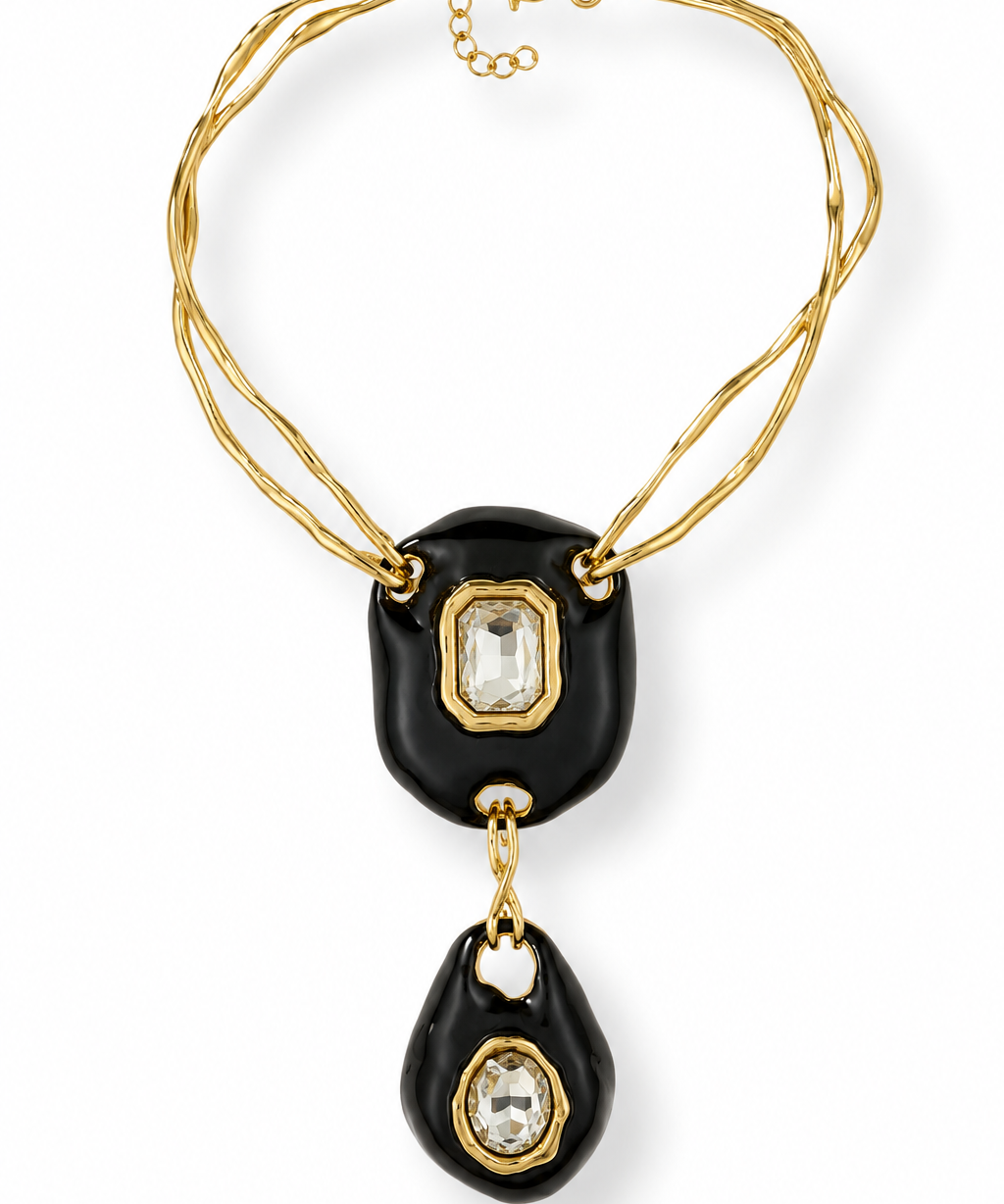 Colar choker dourado com pingentes pretos e pedras transparentes, corrente ajustável