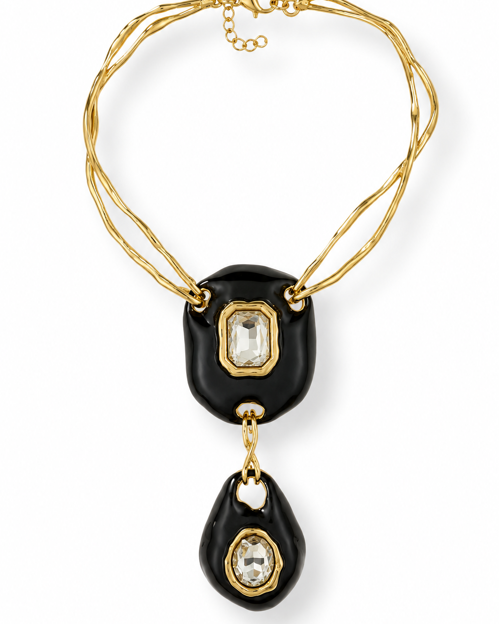 Colar choker dourado com pingentes pretos e pedras transparentes, corrente ajustável