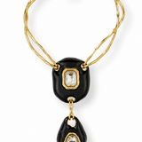 Colar choker dourado com pingentes pretos e pedras transparentes, corrente ajustável