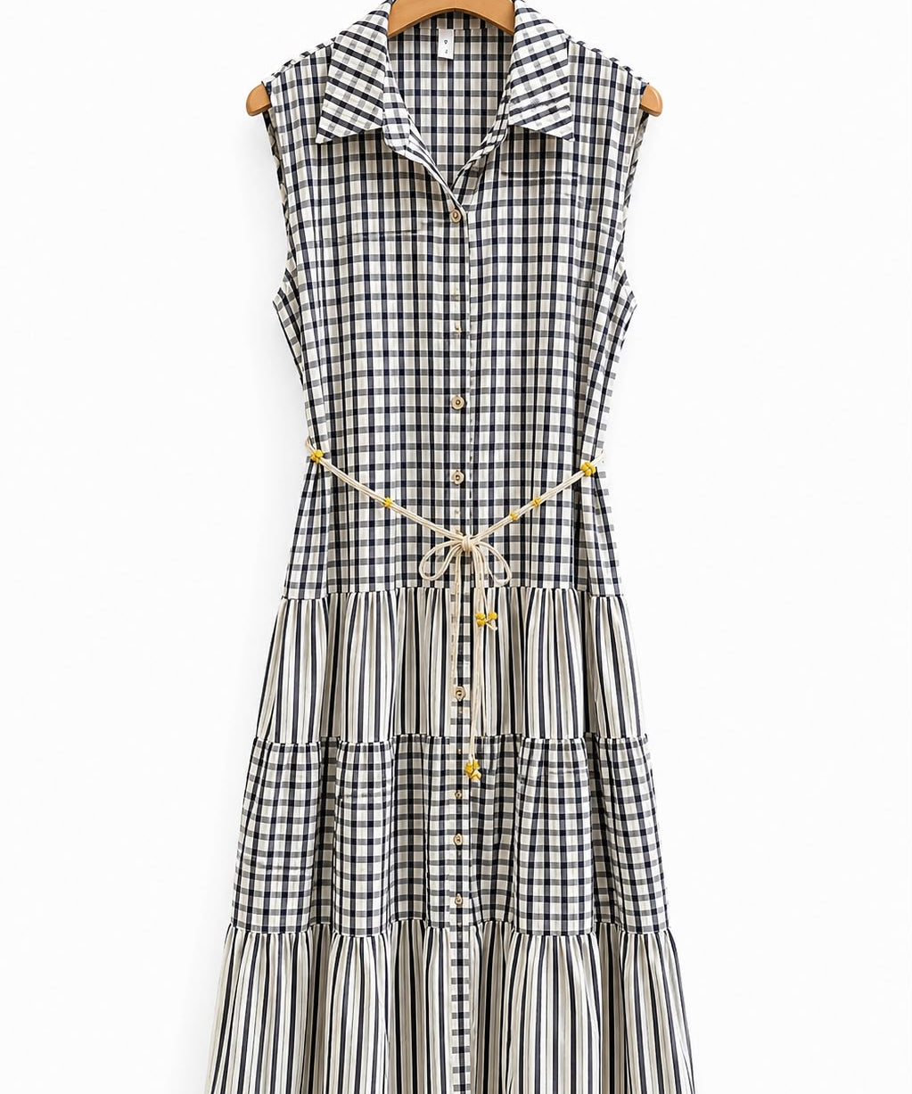 Vestido Carola xadrez azul e branco, gola e botões, saia em camadas, cinto ajustável