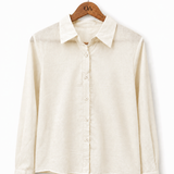 Camisa creme de linho, manga longa, botões frontais e gola