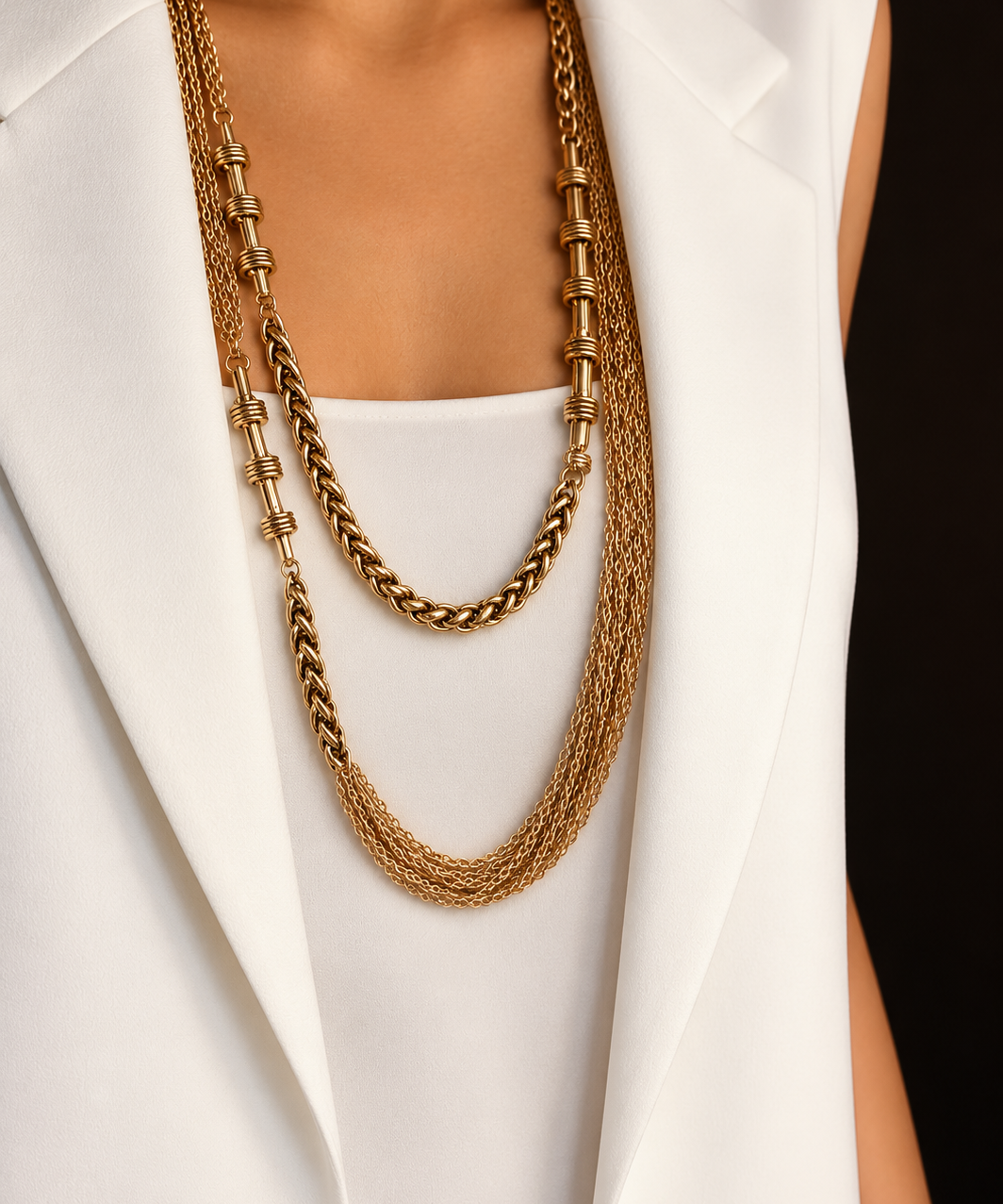 Colar Marisa dourado em camadas, correntes com elos e malha trançada