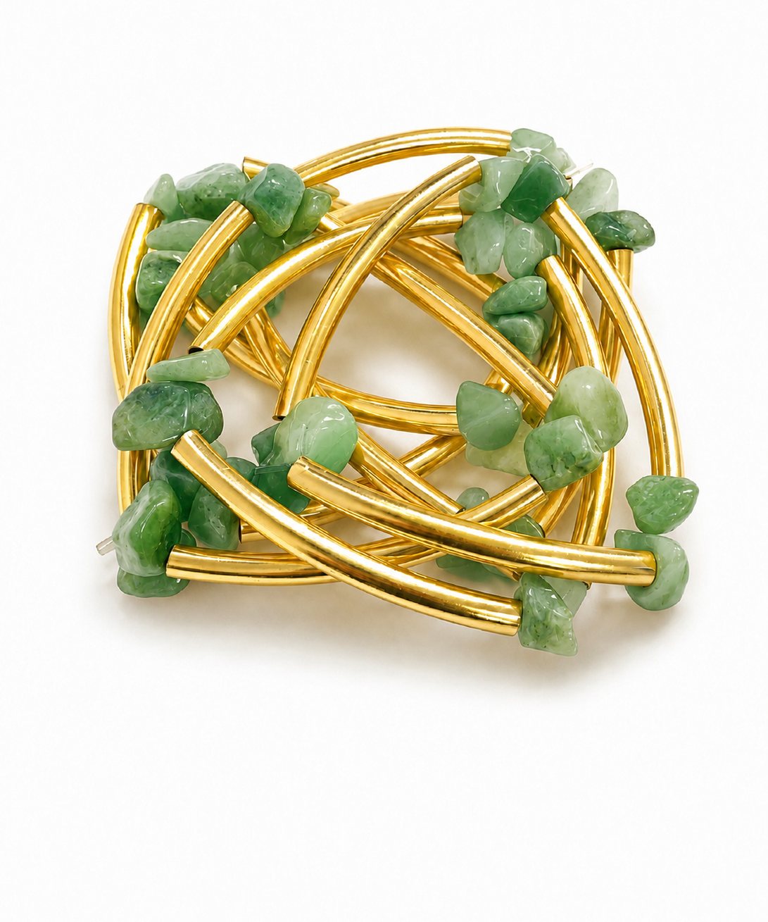 Pulseira ajustável com tiras douradas e pedras verdes facetadas