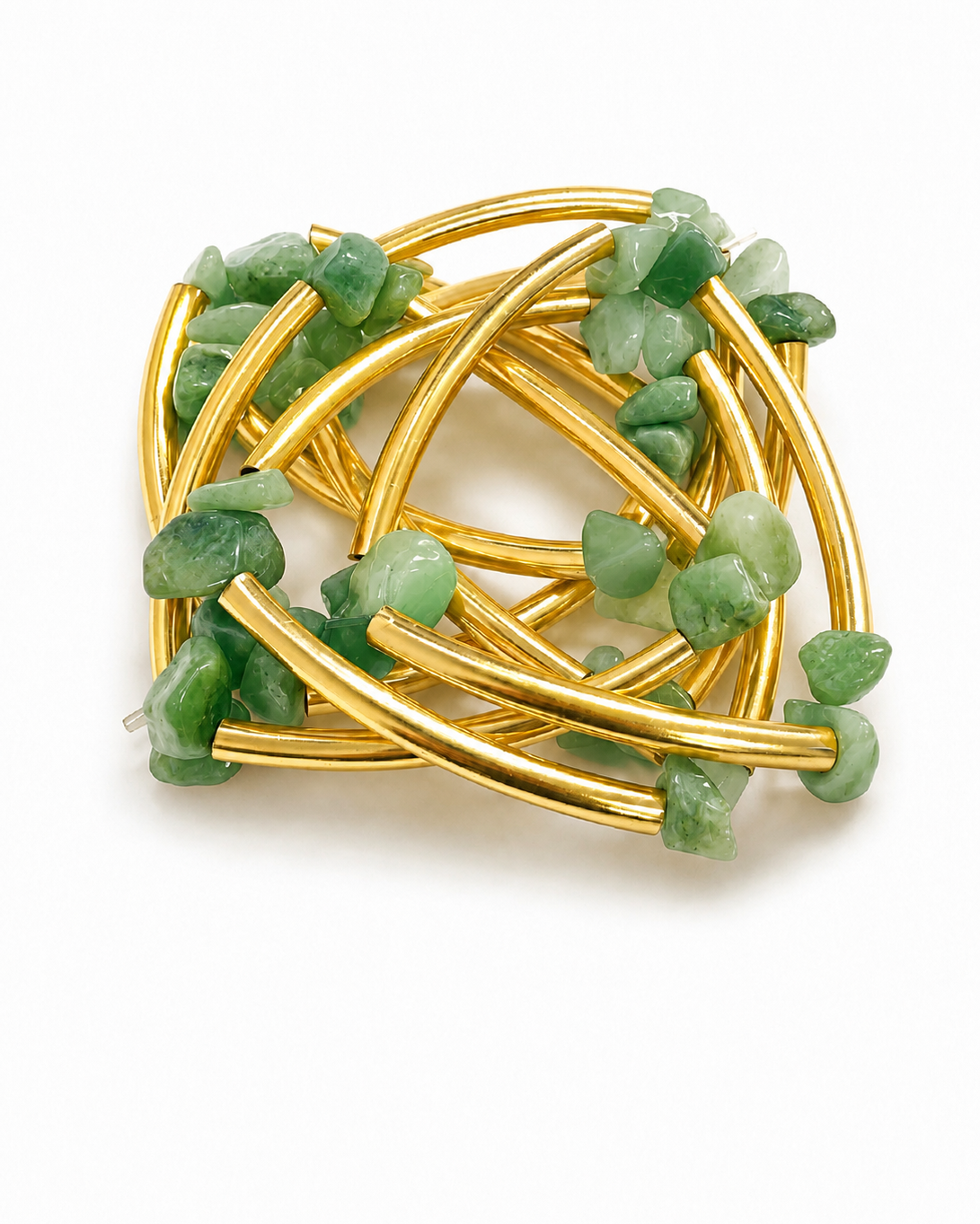 Pulseira ajustável com tiras douradas e pedras verdes facetadas