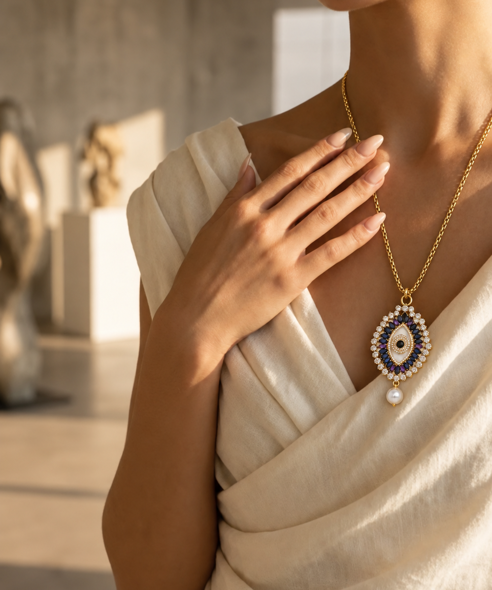 Colar dourado com pingente olho turco azul e pérola