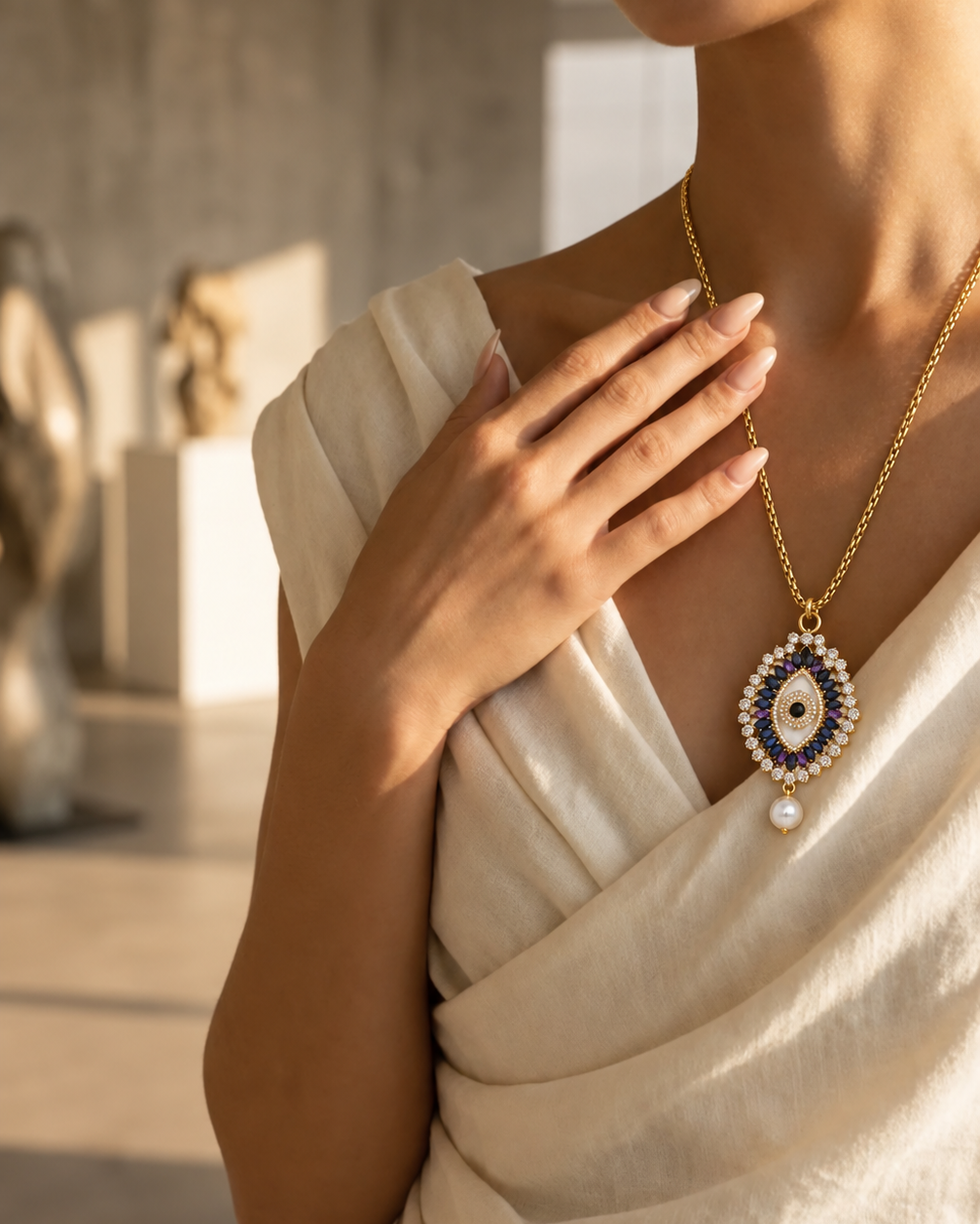 Colar dourado com pingente olho turco azul e pérola