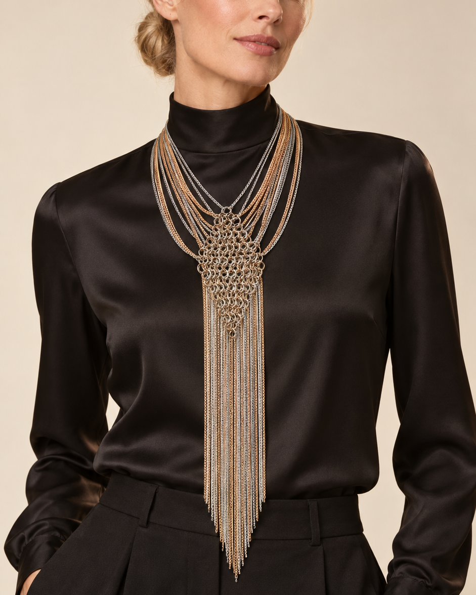 Colar Louvre dourado em camadas, com pingente rendado e franjas