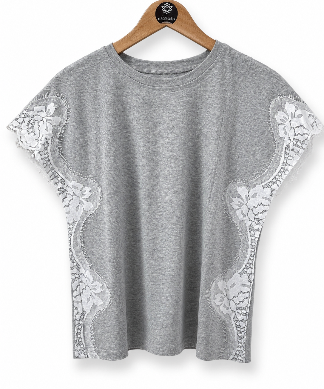 Blusa Ana Clara cinza mescla com renda branca nas mangas e laterais