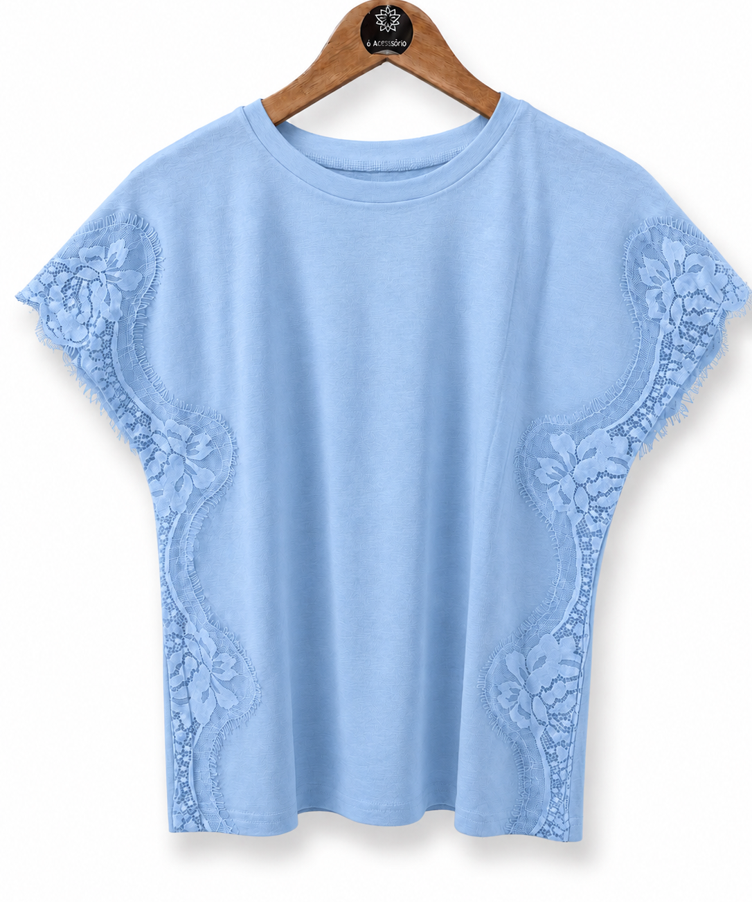 Blusa Ana Clara azul candy com renda azul nas mangas e recortes laterais