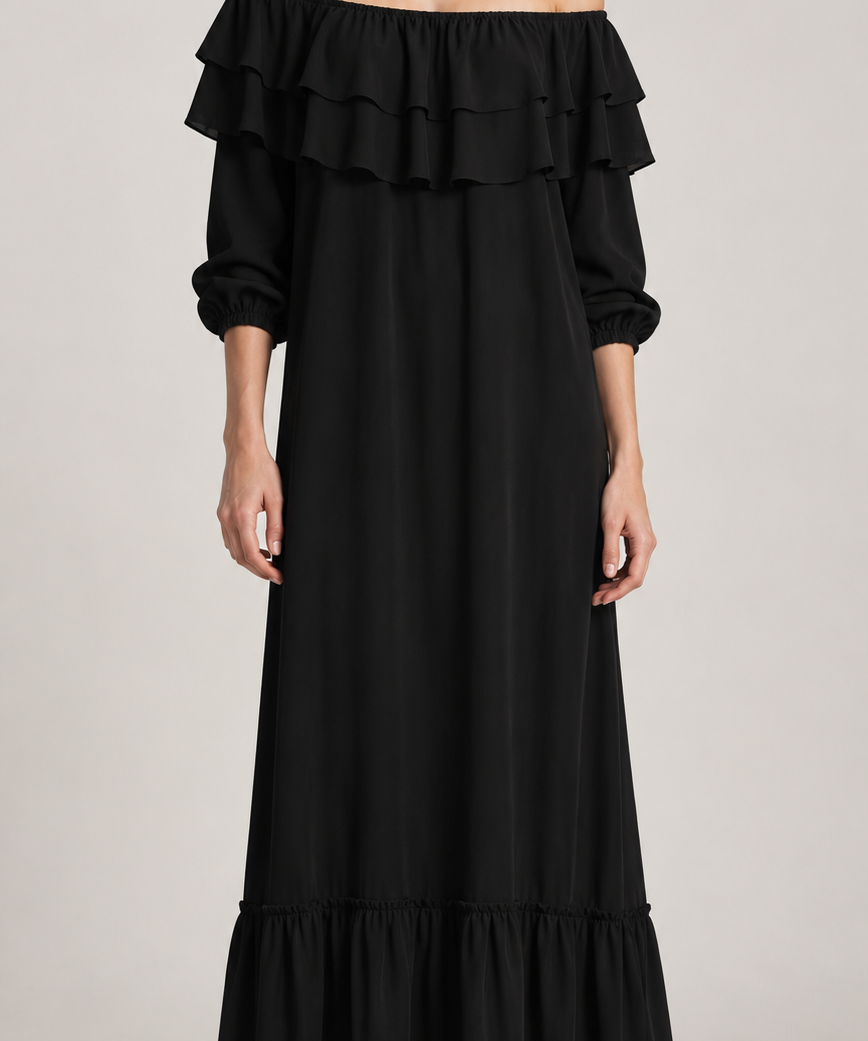 Vestido longo preto ombro a ombro com babados e mangas bufantes