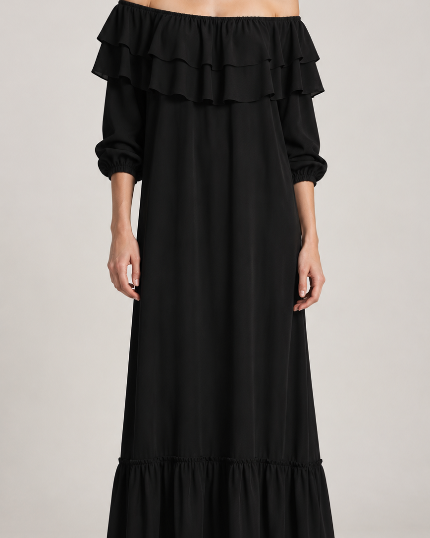 Vestido longo preto ombro a ombro com babados e mangas bufantes