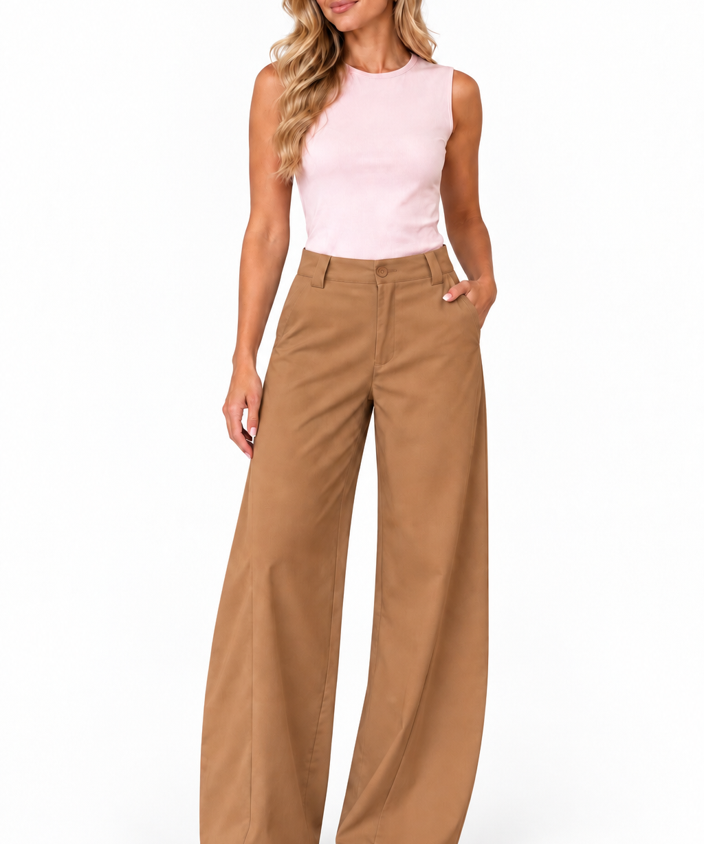Calça pantalona caramelo cintura alta, bolsos frontais e passantes