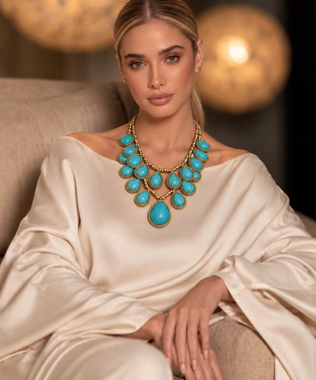 Colar dourado com pedras turquesa na gola, formato oval e gota, usado com vestido claro