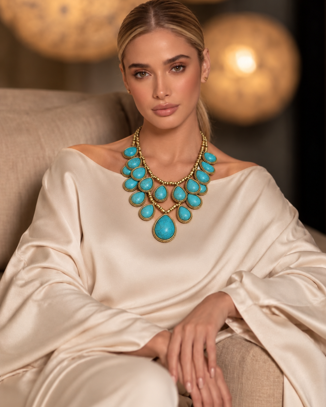 Colar dourado com pedras turquesa na gola, formato oval e gota, usado com vestido claro