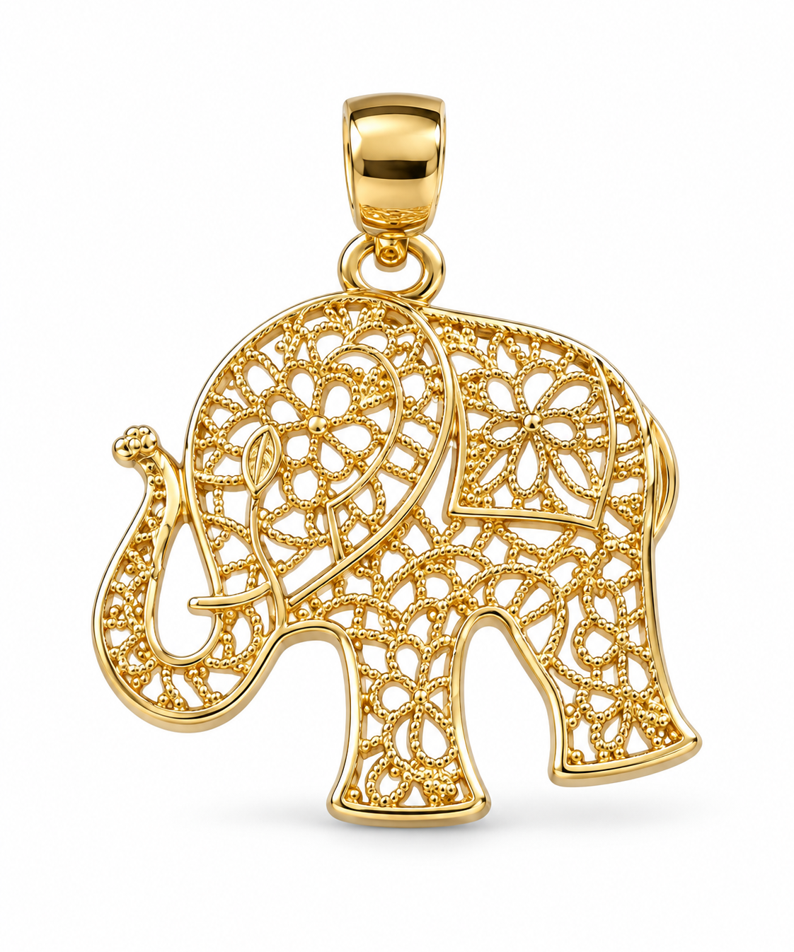 Pingente de elefante dourado vazado, com filigrana e aro superior para corrente