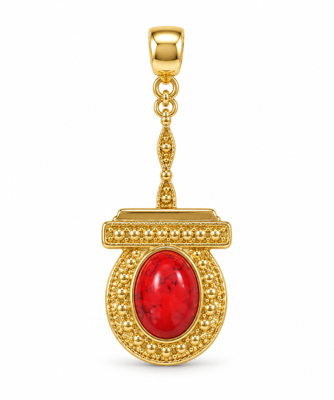 Pingente boho dourado com pedra vermelha oval e detalhes com pérolas