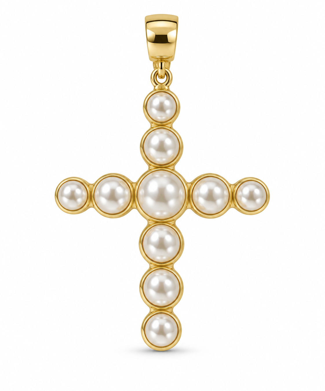 Pingente crucifixo dourado com pérolas brancas e argola superior