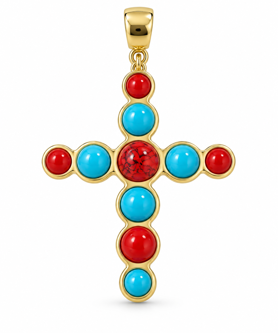 Pingente crucifixo dourado com esmalte azul, vermelho e pedra central vermelha
