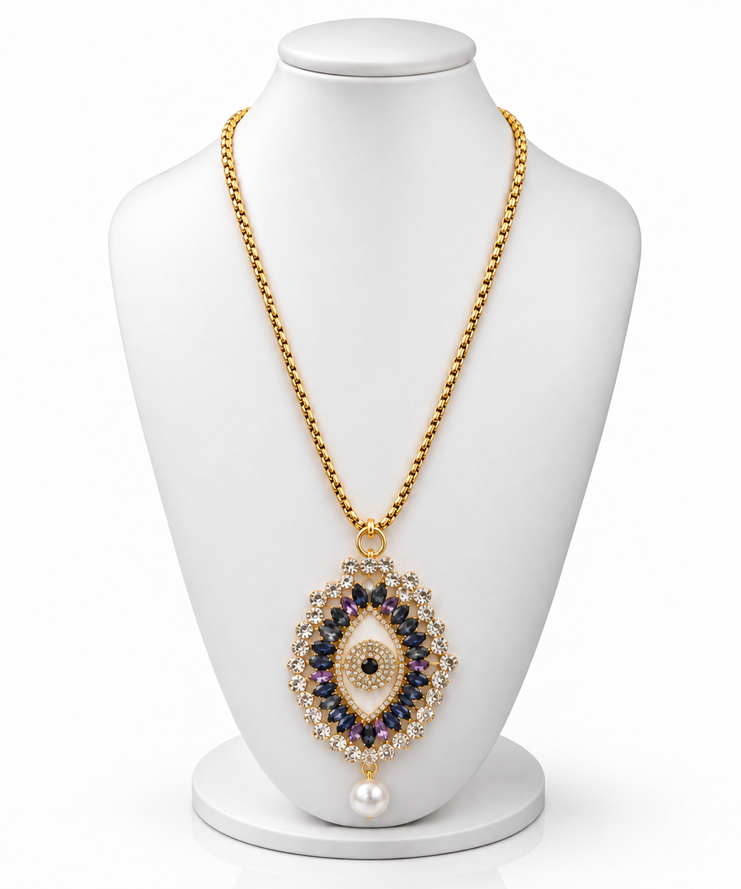 Colar dourado com corrente e pingente olho azul com strass e pérola pendente