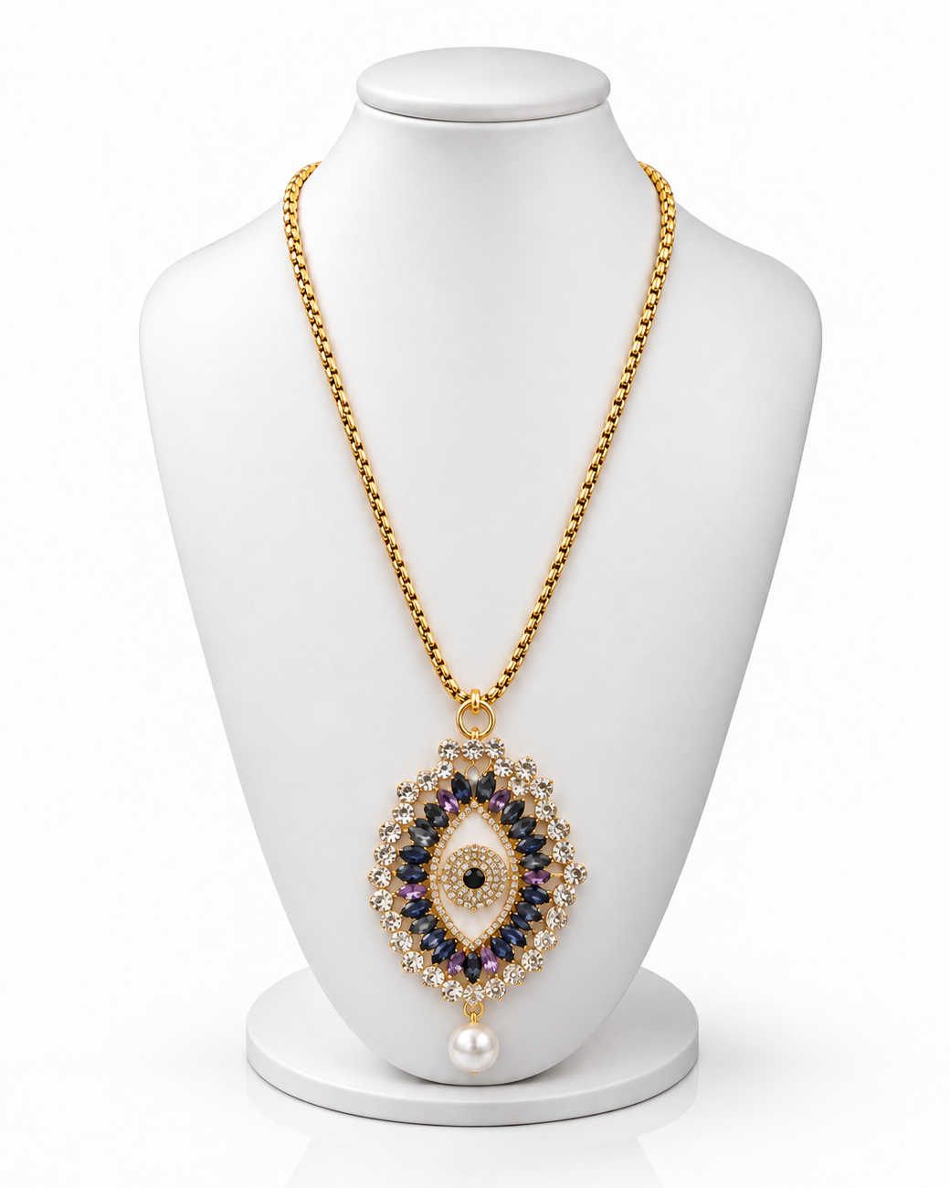 Colar dourado com corrente e pingente olho azul com strass e pérola pendente