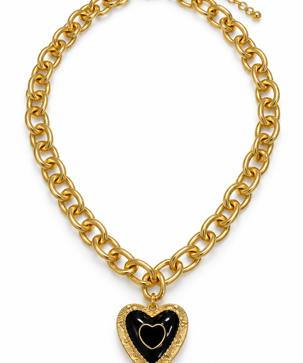 Colar Aurora Uno dourado com pingente de coração preto e contorno brilhante