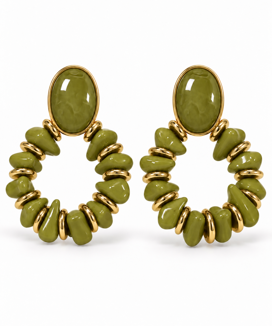 Brinco Dorothy argola verde oliva com pedras oval e detalhes dourados