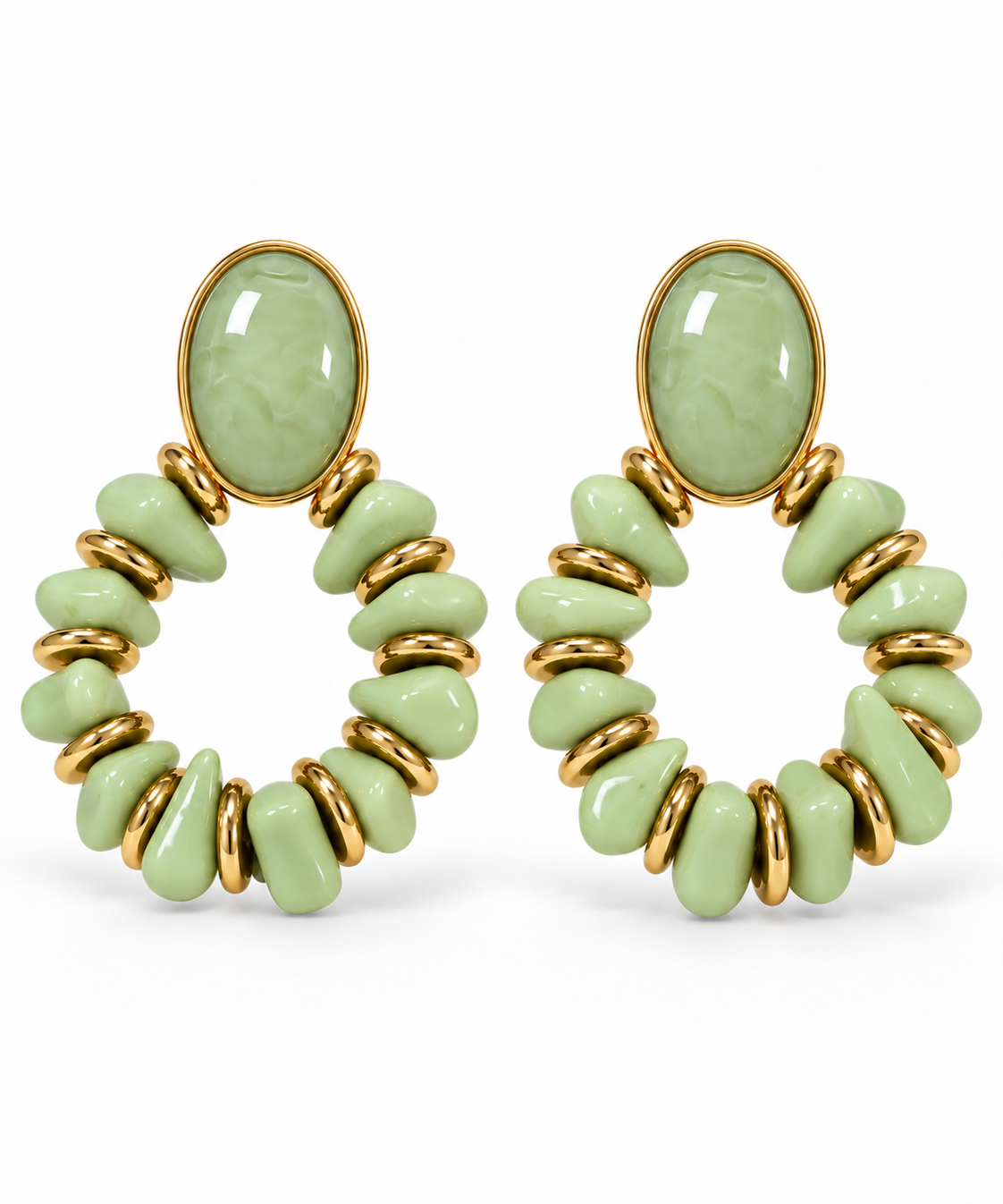 Brinco Dorothy argola verde menta com pedras oval e detalhes dourados