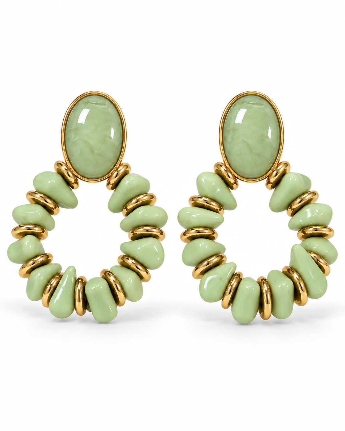 Brinco Dorothy argola verde menta com pedras oval e detalhes dourados