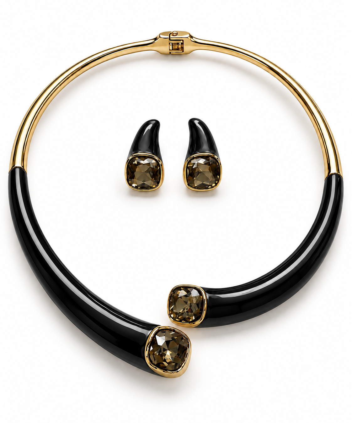 Conjunto de colar e brinco com pedras âmbar e aro preto com acabamento dourado