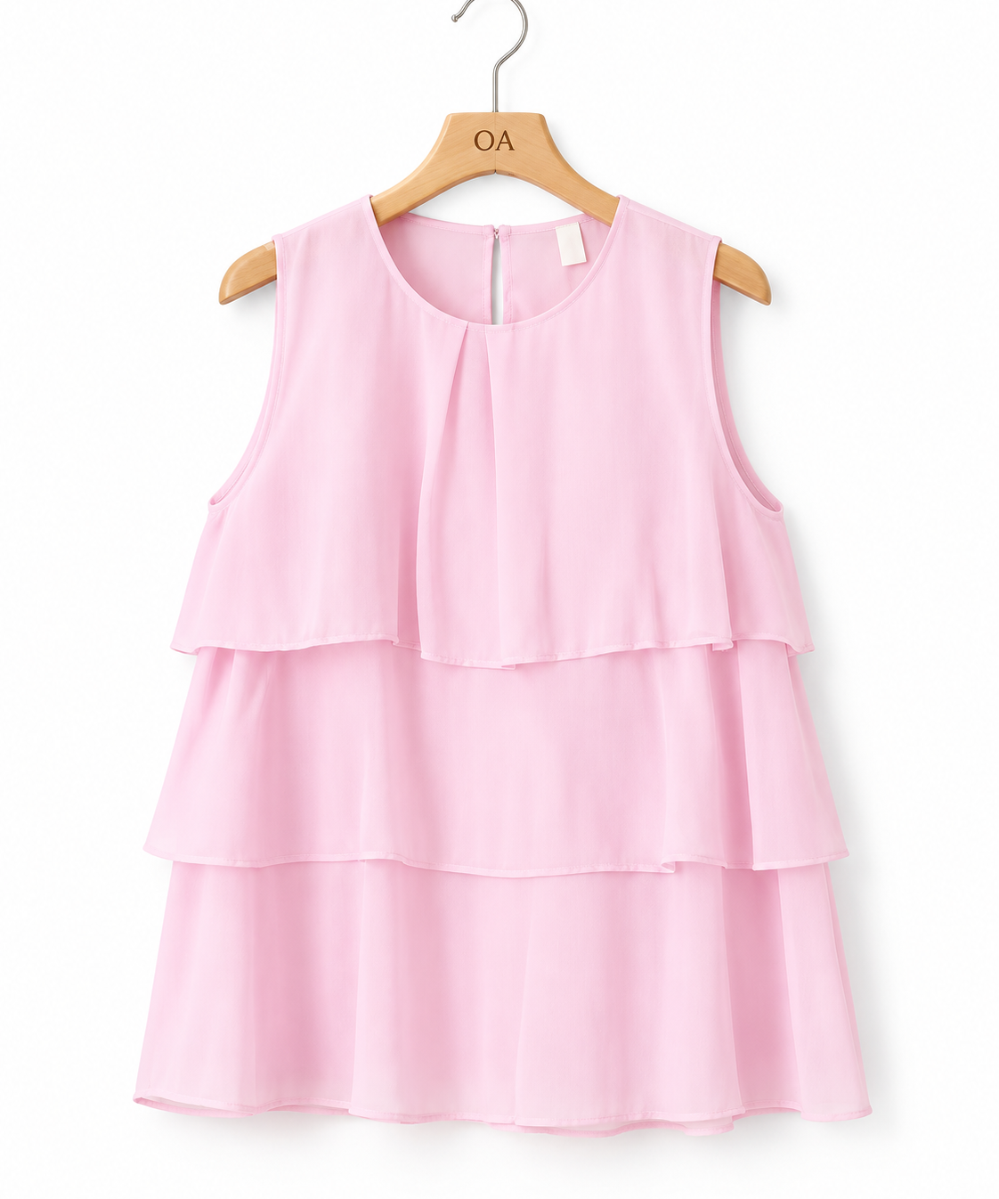 Blusa sem mangas rosa com camadas de babados e gola redonda