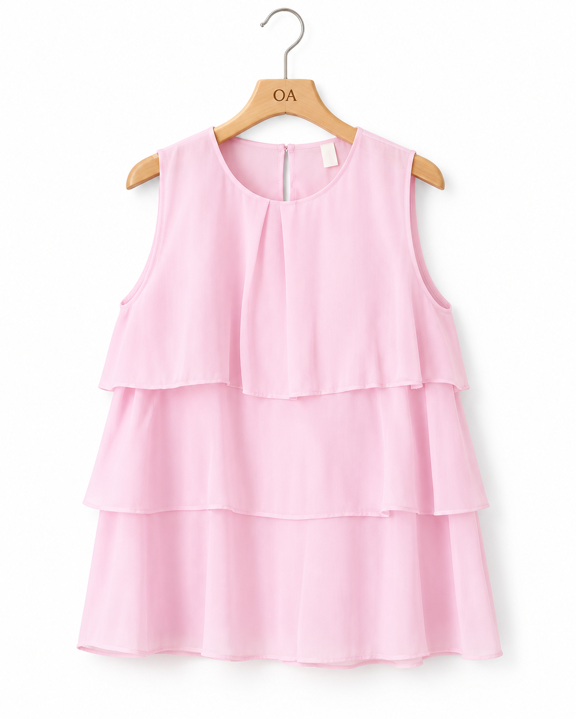 Blusa sem mangas rosa com camadas de babados e gola redonda