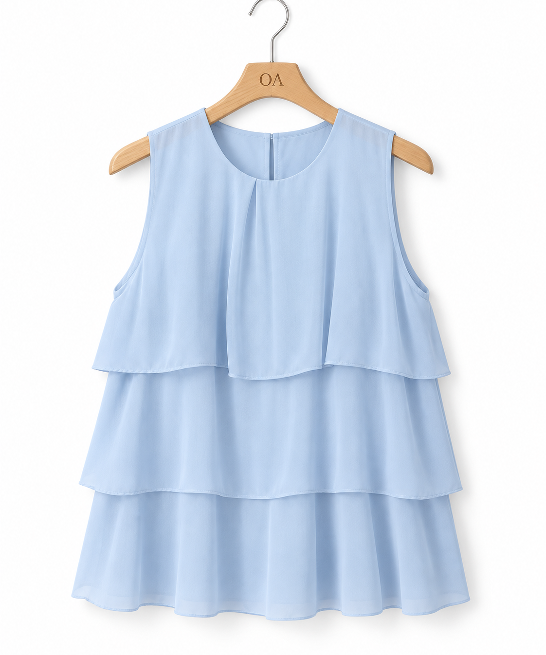 Blusa sem mangas azul-claro com camadas de babados e gola redonda