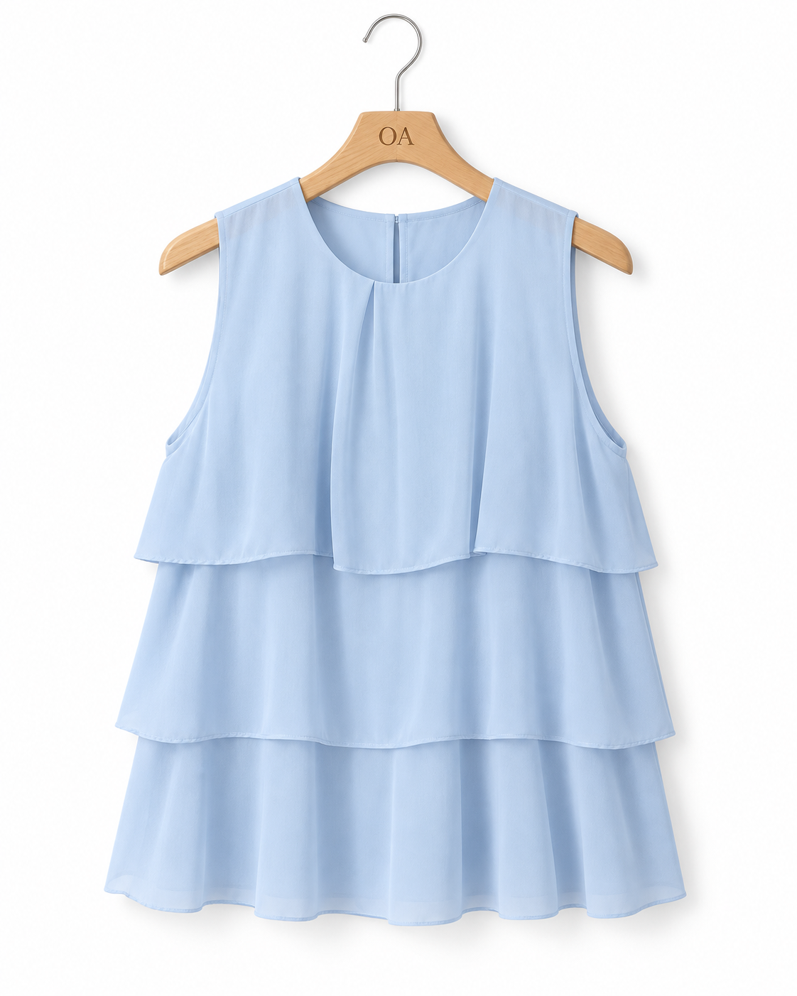 Blusa sem mangas azul-claro com camadas de babados e gola redonda