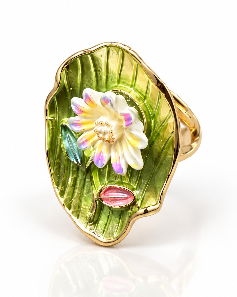 Anel dourado com folha verde, flor rosa e detalhe labial vermelho