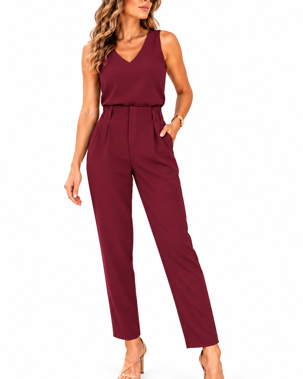 Conjunto feminino Ali marsala: regata decote V e calça alfaiataria de cintura alta.