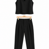 Conjunto feminino Ali preto: regata decote V e calça ampla de cintura alta.